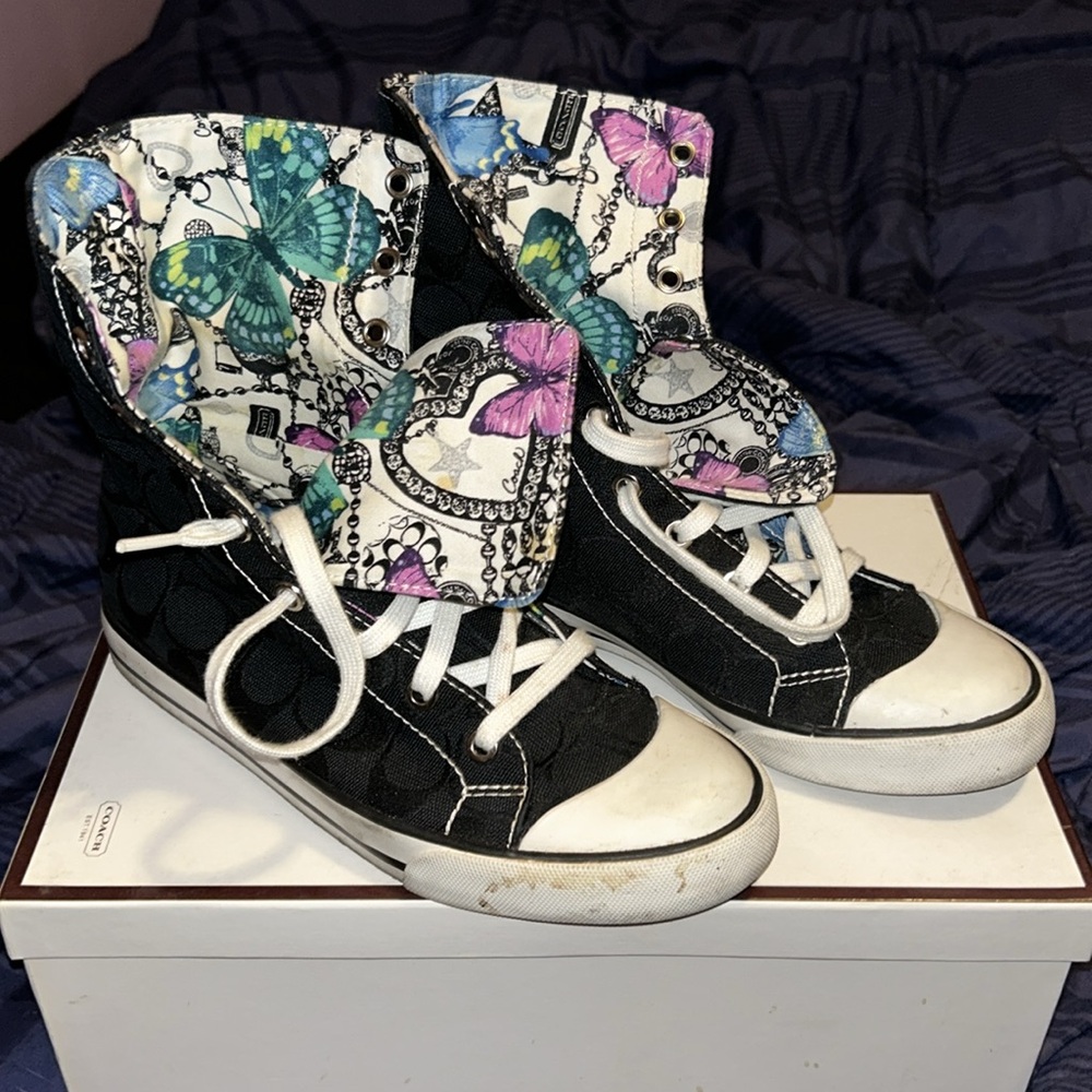 Coach Black and White High-Top Sneakers with Butterfly Lining - Picture 2 of 12